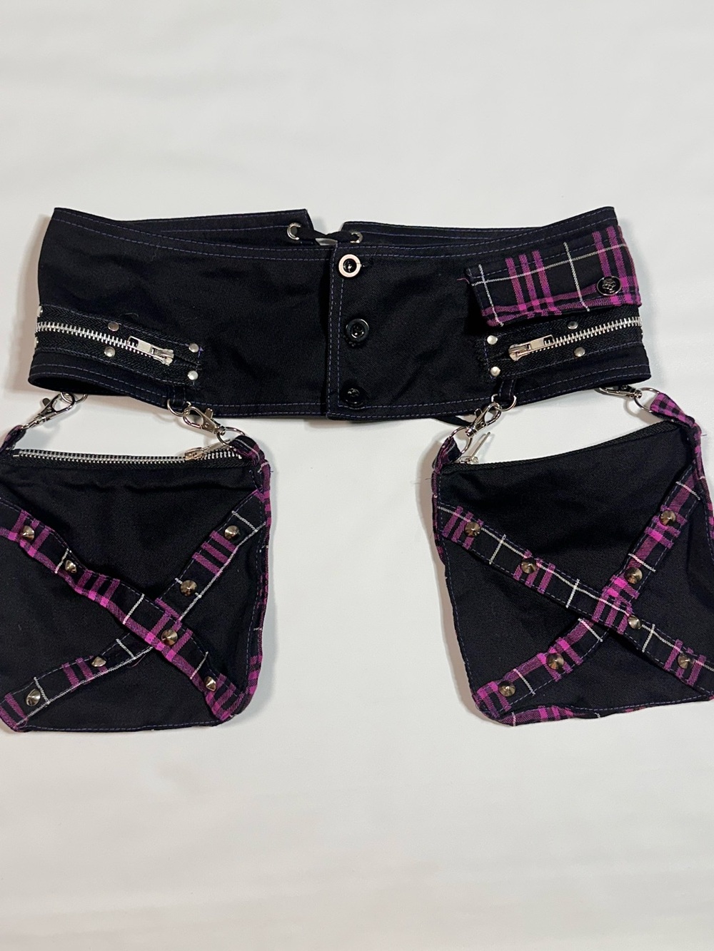 Black Waist Belt with Purple Plaid Detachable Pouches